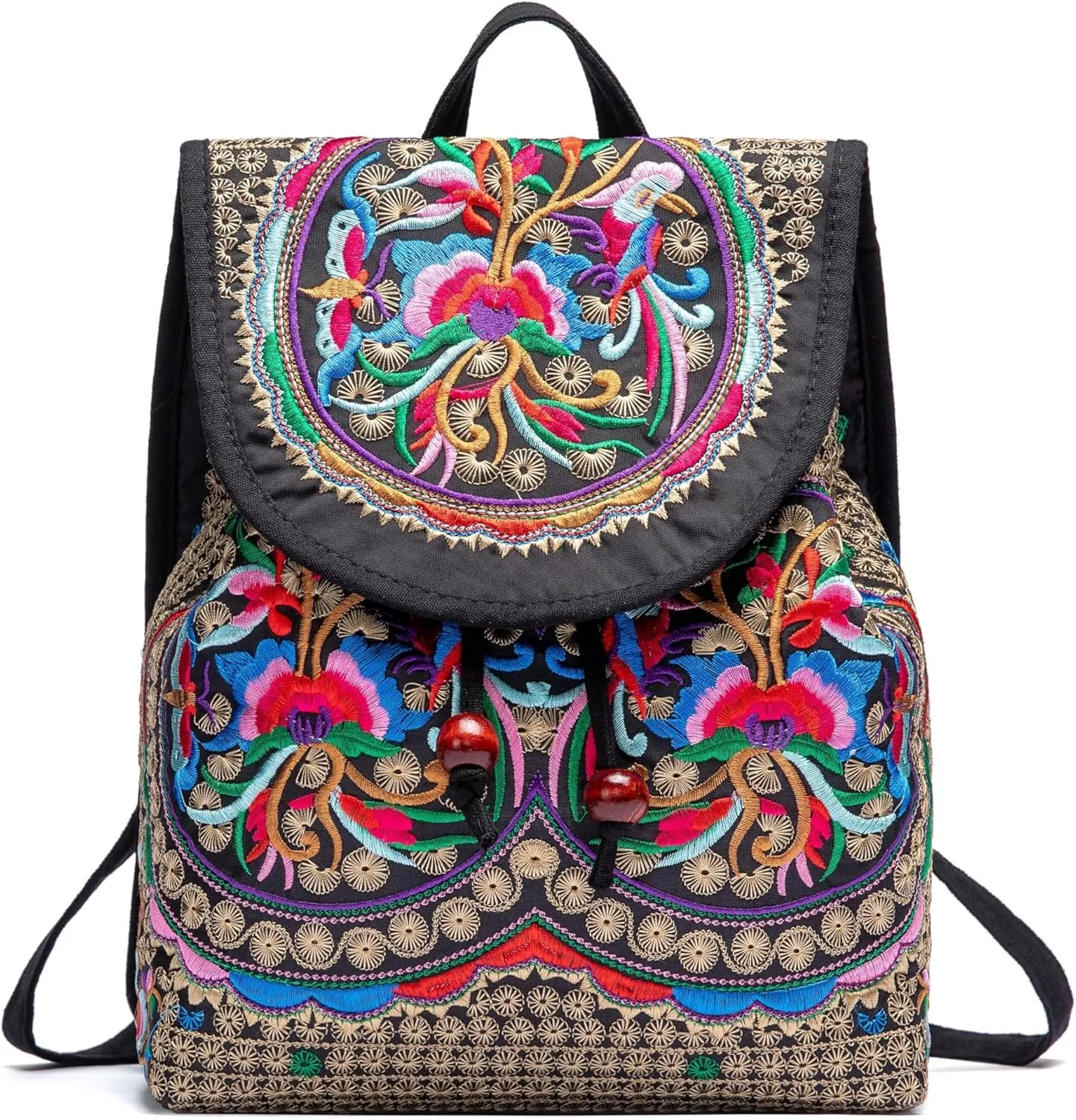 Women Vintage Embroidery Ethnic- Backpack- Flower Shoulder Bag Purse,Fashion Handbag Small Drawstring Casual Travel Daypack (Embroidered Backpack)
