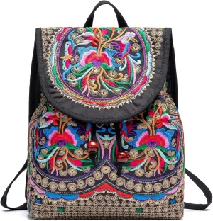 Women Vintage Embroidery Ethnic- Backpack- Flower Shoulder Bag Purse,Fashion Handbag Small Drawstring Casual Travel Daypack (Embroidered Backpack)