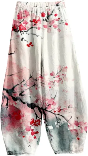 Womens Baggy Cotton Linen Blend Lantern Trousers Ladies Summer Casual Elastic Waist Hippie Wide Leg Palazzo Pants