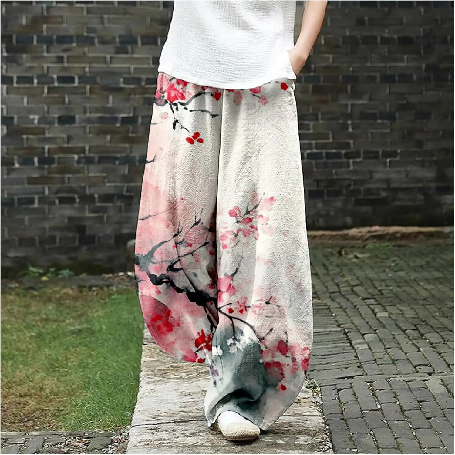 Womens Baggy Cotton Linen Blend Lantern Trousers Ladies Summer Casual Elastic Waist Hippie Wide Leg Palazzo Pants