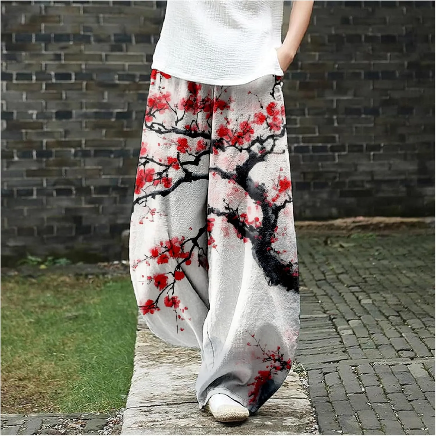 Womens Baggy Cotton Linen Blend Wide Leg Palazzo Pants Ladies Summer Casual Loose Hippie Lantern Trousers with Elastic Waist