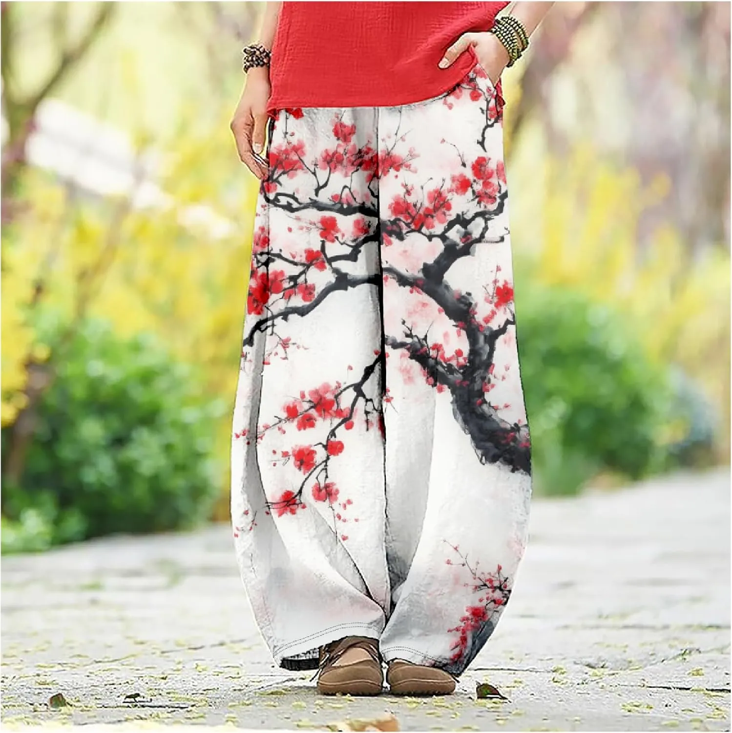 Womens Baggy Cotton Linen Blend Wide Leg Palazzo Pants Ladies Summer Casual Loose Hippie Lantern Trousers with Elastic Waist