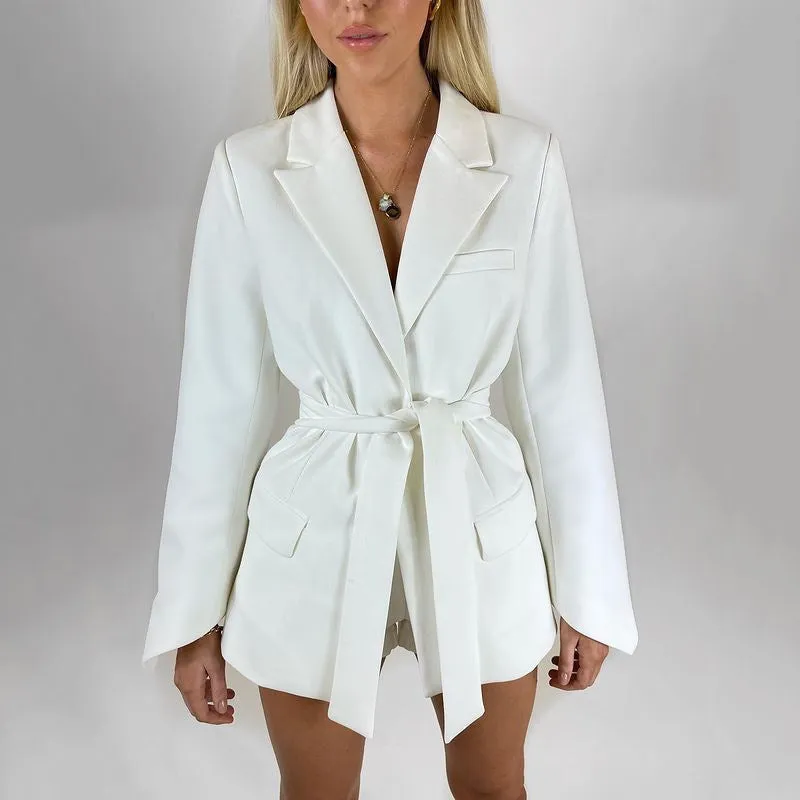 Womens Blazer  Longline Tailored Fit  Self-Tie Waist  Notched Lapel  Flap Pockets