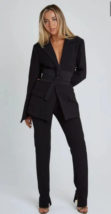 Womens Blazer  Longline Tailored Fit  Self-Tie Waist  Notched Lapel  Flap Pockets