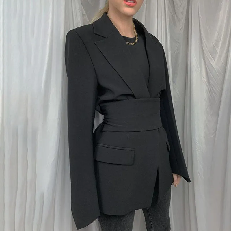 Womens Blazer  Longline Tailored Fit  Self-Tie Waist  Notched Lapel  Flap Pockets