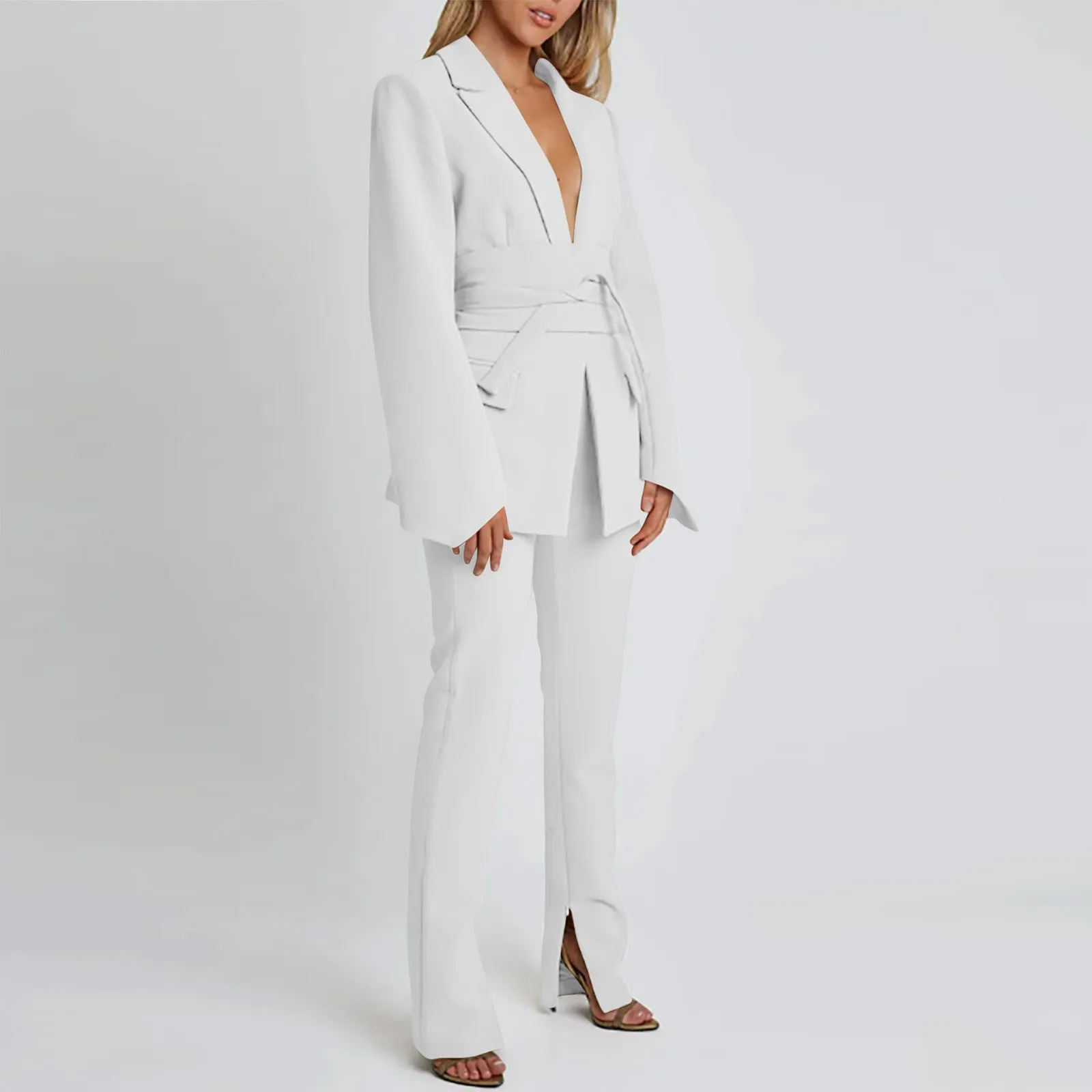 Womens Blazer  Longline Tailored Fit  Self-Tie Waist  Notched Lapel  Flap Pockets