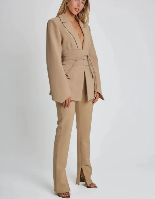 Womens Blazer  Longline Tailored Fit  Self-Tie Waist  Notched Lapel  Flap Pockets