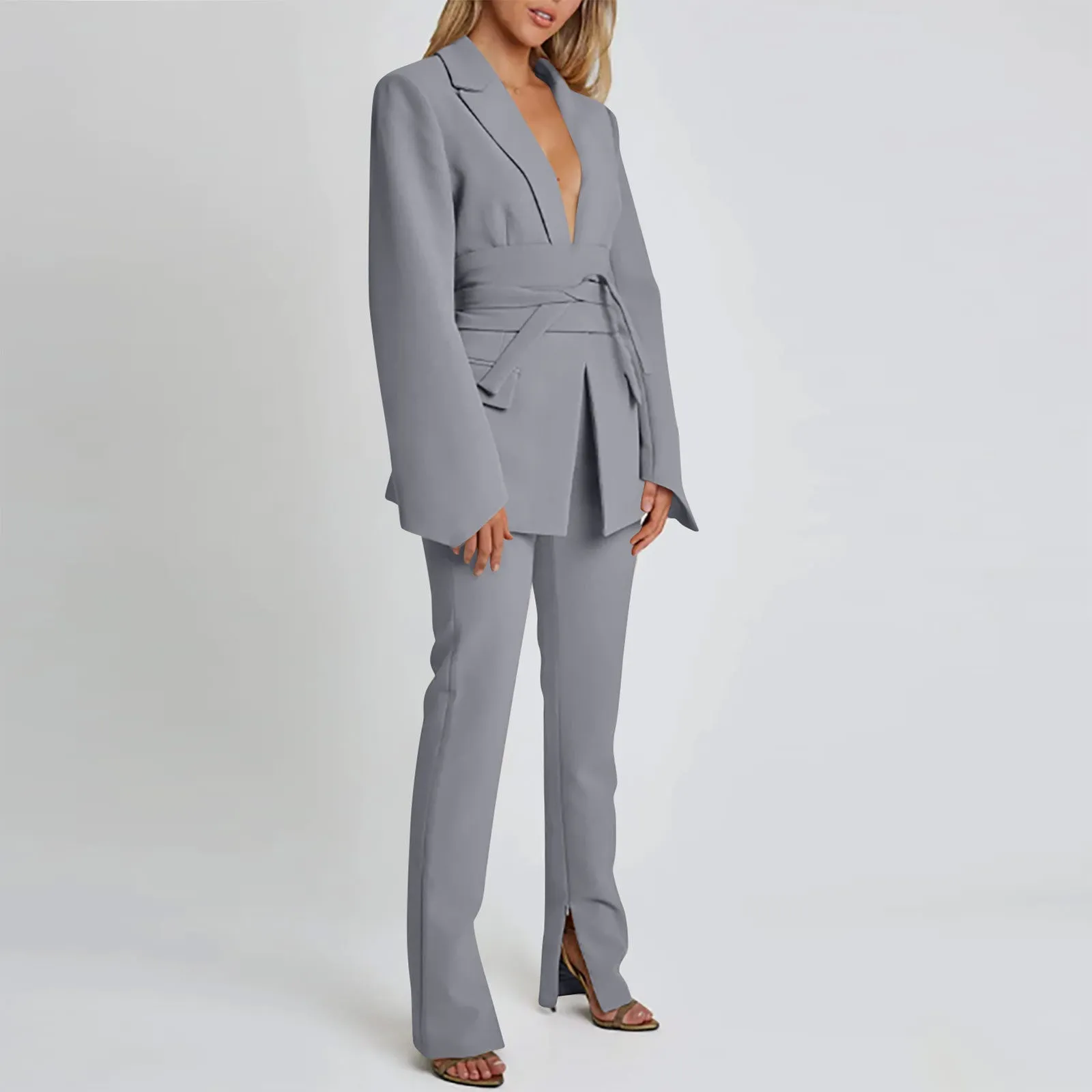 Womens Blazer  Longline Tailored Fit  Self-Tie Waist  Notched Lapel  Flap Pockets