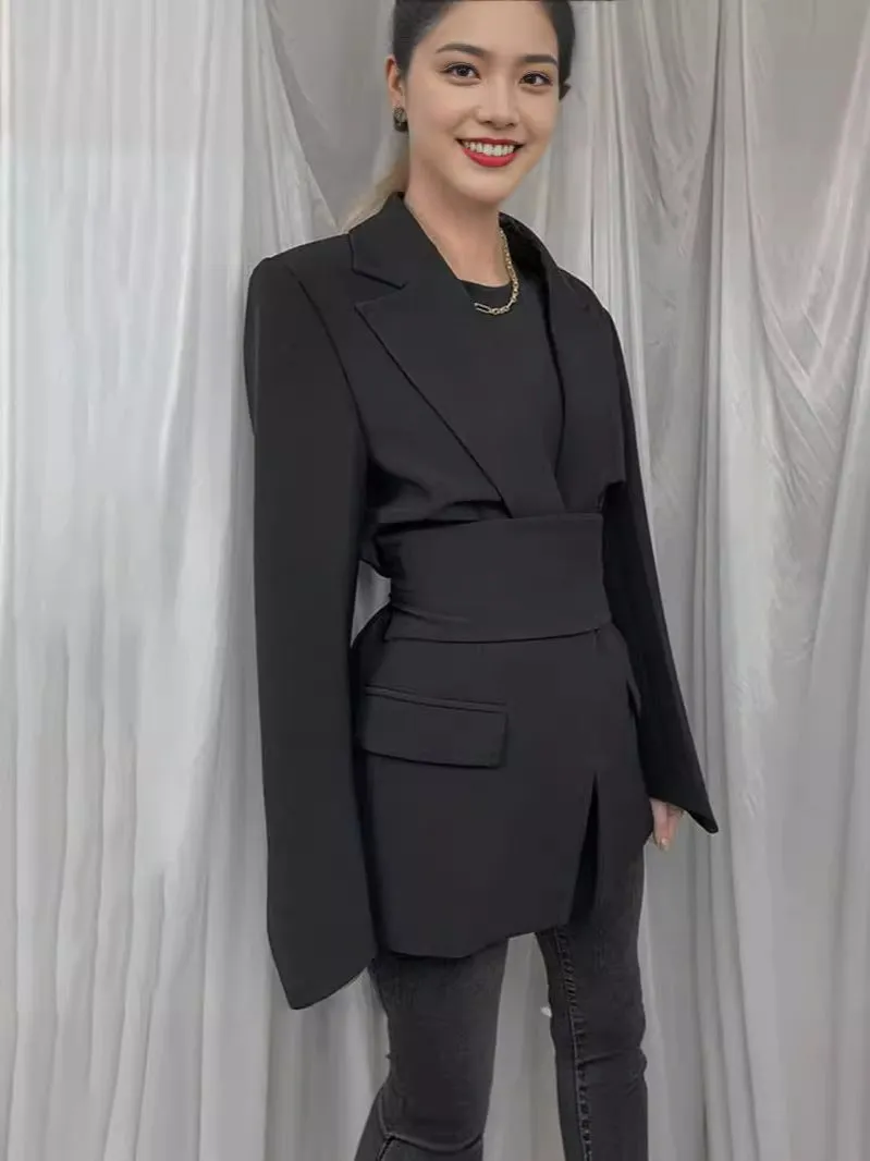 Womens Blazer  Longline Tailored Fit  Self-Tie Waist  Notched Lapel  Flap Pockets