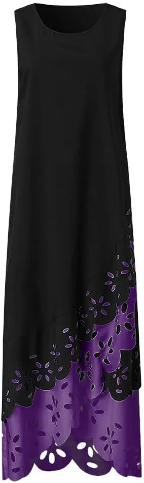 Womens Bohemian Maxi Dress Sleeveless Crewneck Floral Hollow Out Split Hem Cami Long Dress Elegant Aline Flowy Dresses