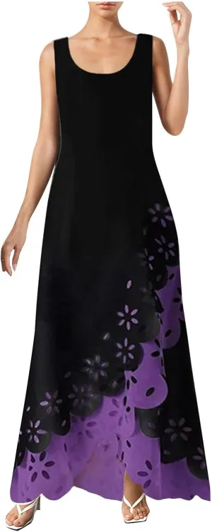 Womens Bohemian Maxi Dress Sleeveless Crewneck Floral Hollow Out Split Hem Cami Long Dress Elegant Aline Flowy Dresses