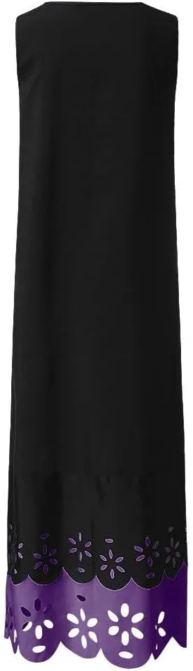 Womens Bohemian Maxi Dress Sleeveless Crewneck Floral Hollow Out Split Hem Cami Long Dress Elegant Aline Flowy Dresses