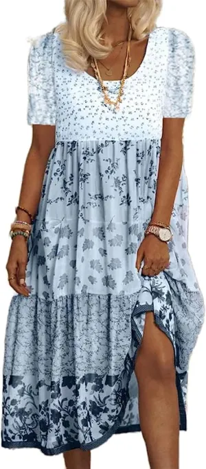 Women's Boho Print T-Shirt Dress Summer Casual Loose Short Sleeve Mini Skirt Flowy Beach Boho Round Neck Sundress