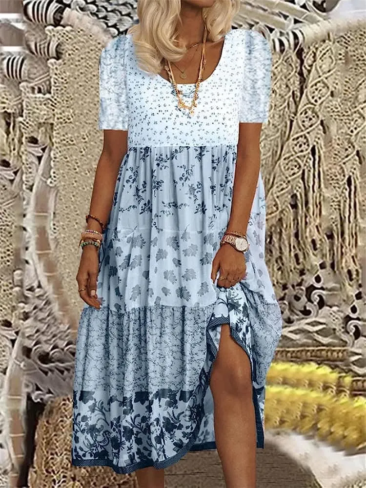 Women's Boho Print T-Shirt Dress Summer Casual Loose Short Sleeve Mini Skirt Flowy Beach Boho Round Neck Sundress
