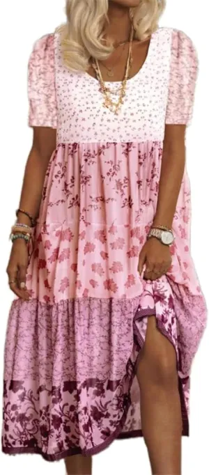 Women's Boho Print T-Shirt Dress Summer Casual Loose Short Sleeve Mini Skirt Flowy Beach Boho Round Neck Sundress