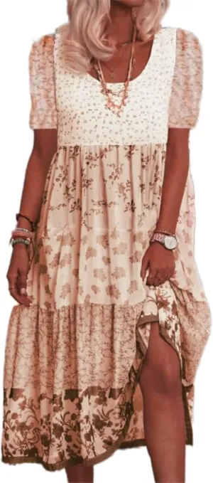 Women's Boho Print T-Shirt Dress Summer Casual Loose Short Sleeve Mini Skirt Flowy Beach Boho Round Neck Sundress