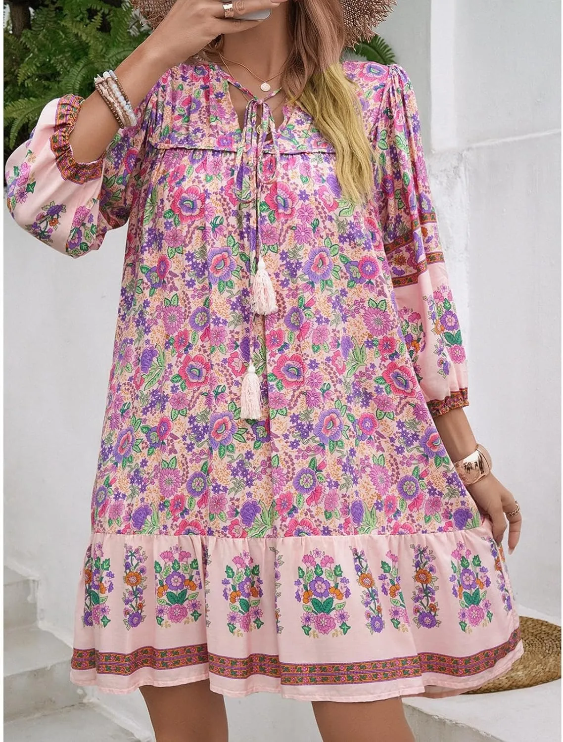 Women's Casual Spring Summer Dresses V Neck 3/4 Long Sleeve Ruffle Floral Flowy Boho Babydoll Mini Short Beach Dress