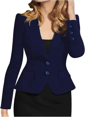 Women's Casual Work Office Blazer Double Notch Lapel Sharp Shoulder Pad Single Tunic Button Peplum Comfy Suit Jacket