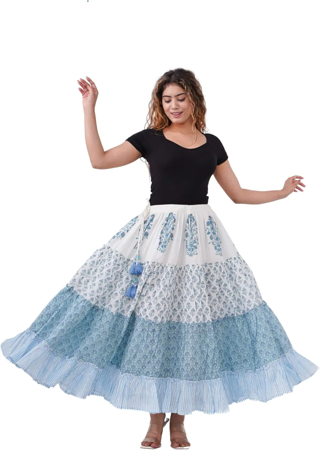 Women's Cotton Hand Block Printed Maxi Skirt with Drawstring Tassels, Lined & Ruffle Hem