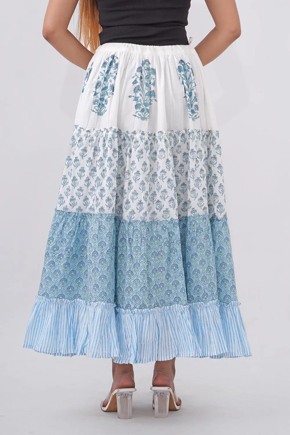 Women's Cotton Hand Block Printed Maxi Skirt with Drawstring Tassels, Lined & Ruffle Hem