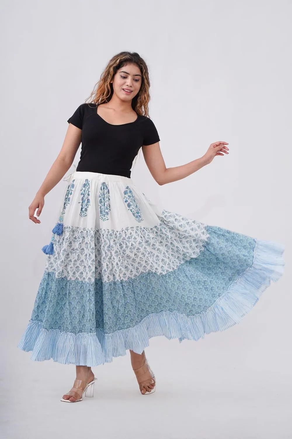 Women's Cotton Hand Block Printed Maxi Skirt with Drawstring Tassels, Lined & Ruffle Hem