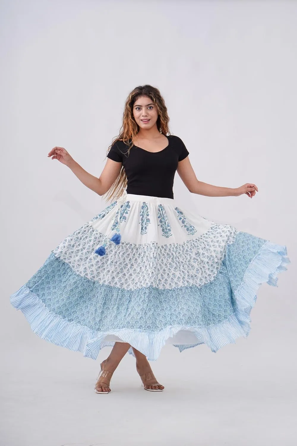 Women's Cotton Hand Block Printed Maxi Skirt with Drawstring Tassels, Lined & Ruffle Hem