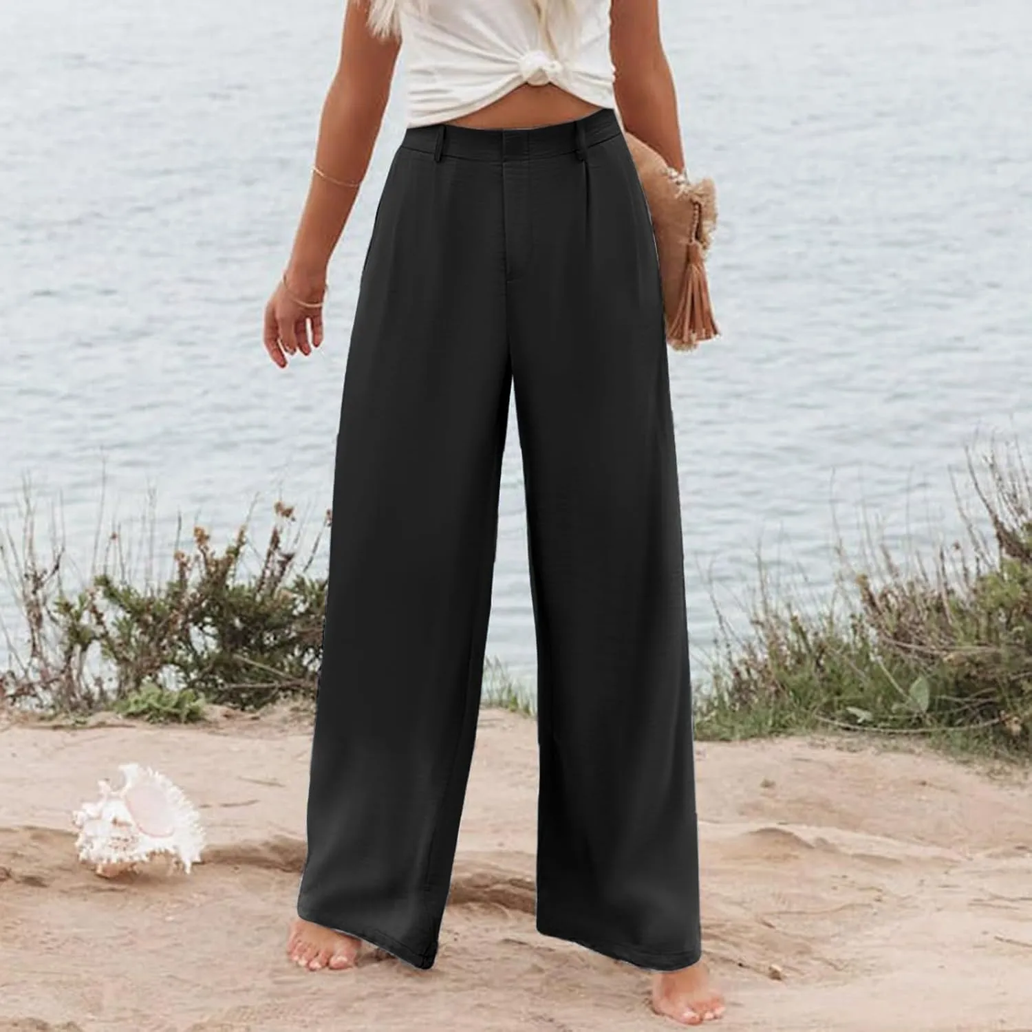 Womens Cotton Linen Pants High Waisted Button Up Summer Beach Pants Wide Leg Baggy Casual Flowy Dressy Trousers