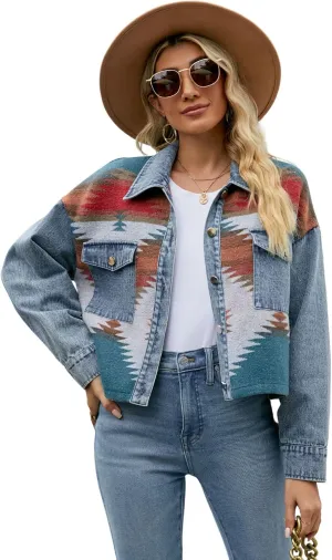 Women's Cropped Aztec Denim Jacket Button Down Boho West Retro Casual Shirt Shacket