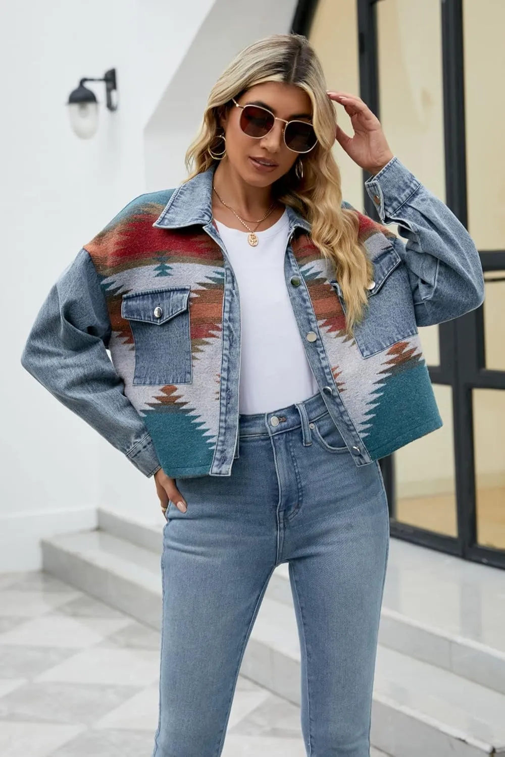 Women's Cropped Aztec Denim Jacket Button Down Boho West Retro Casual Shirt Shacket