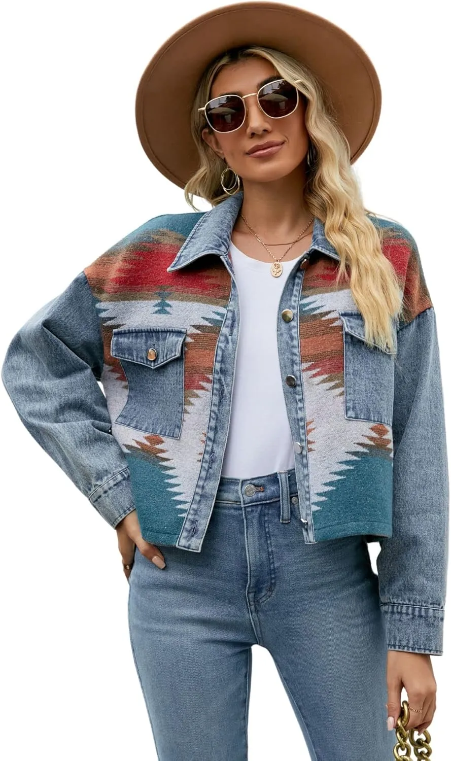 Women's Cropped Aztec Denim Jacket Button Down Boho West Retro Casual Shirt Shacket