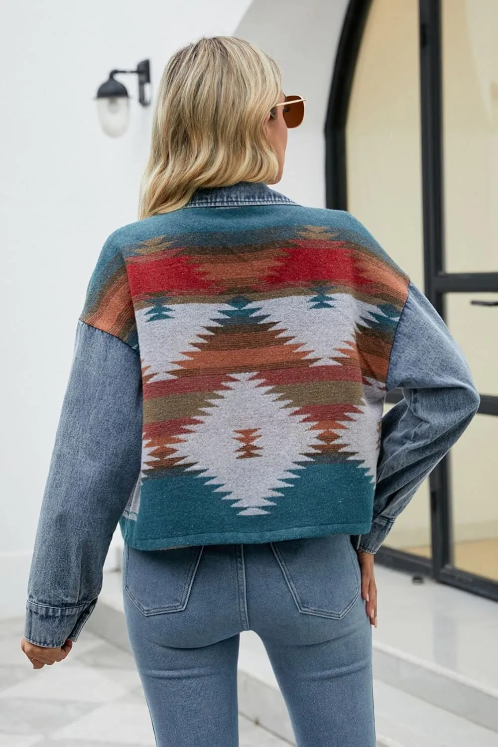 Women's Cropped Aztec Denim Jacket Button Down Boho West Retro Casual Shirt Shacket