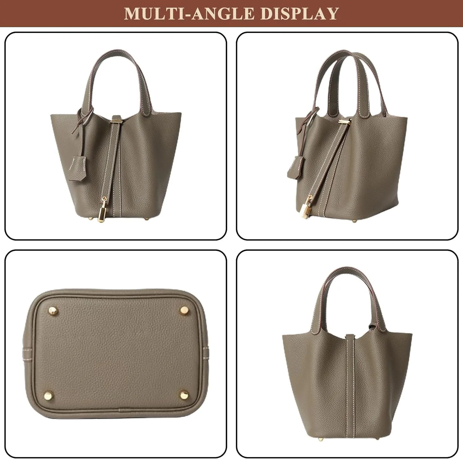 Women's Genuine Leather Soft Bucket Bags Stylish Lock Design Small Handbags Casual Satchel Ladies Daily Shoulder Bags