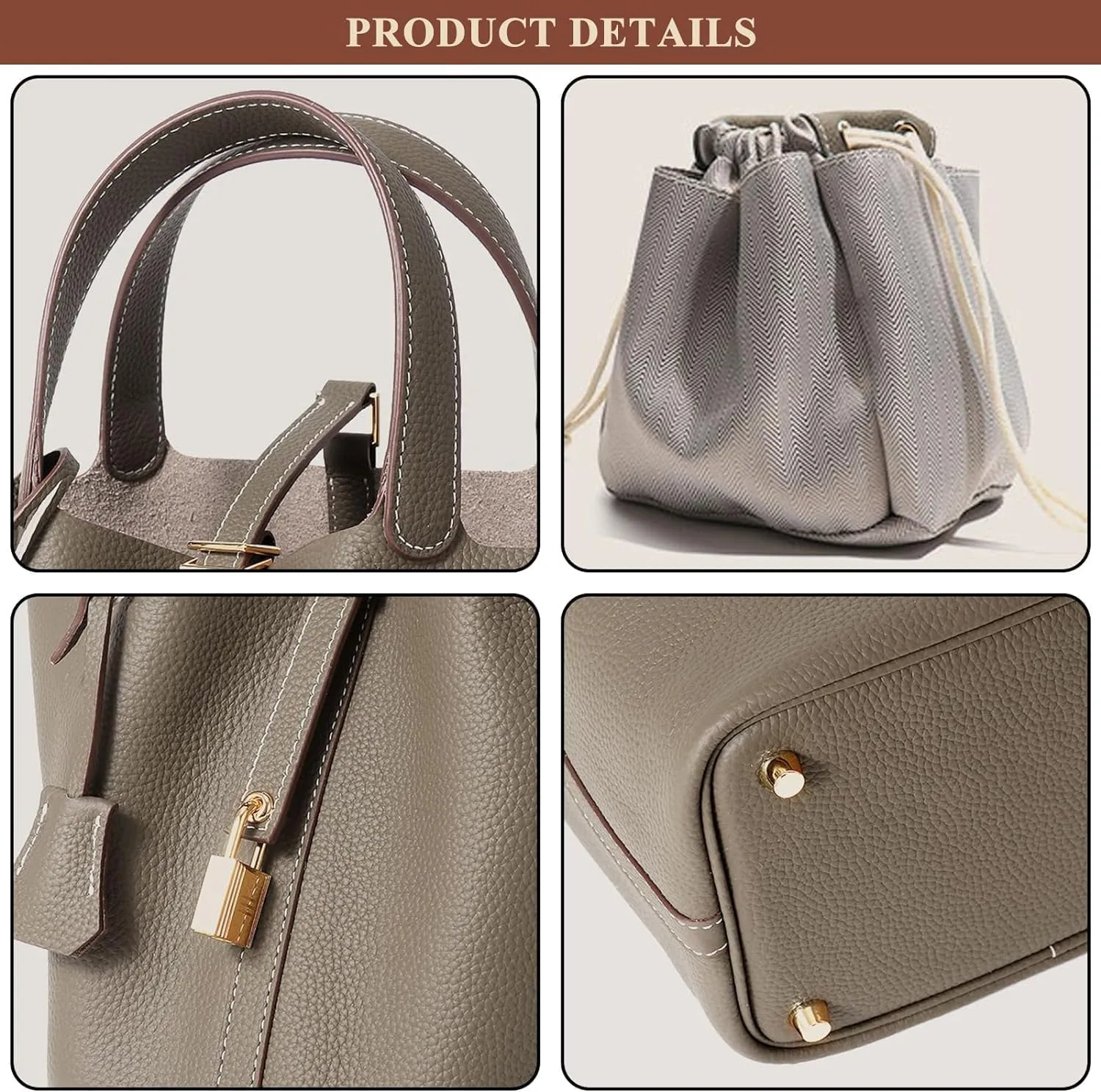 Women's Genuine Leather Soft Bucket Bags Stylish Lock Design Small Handbags Casual Satchel Ladies Daily Shoulder Bags