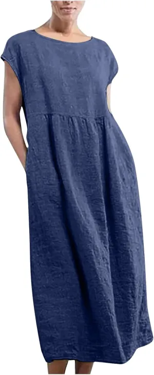 Womens Linen Dresses 2024 Sleeveless Solid Color Crewneck Maxi Dress Slim Fit Tunic Comfy Casual Spring Dresses