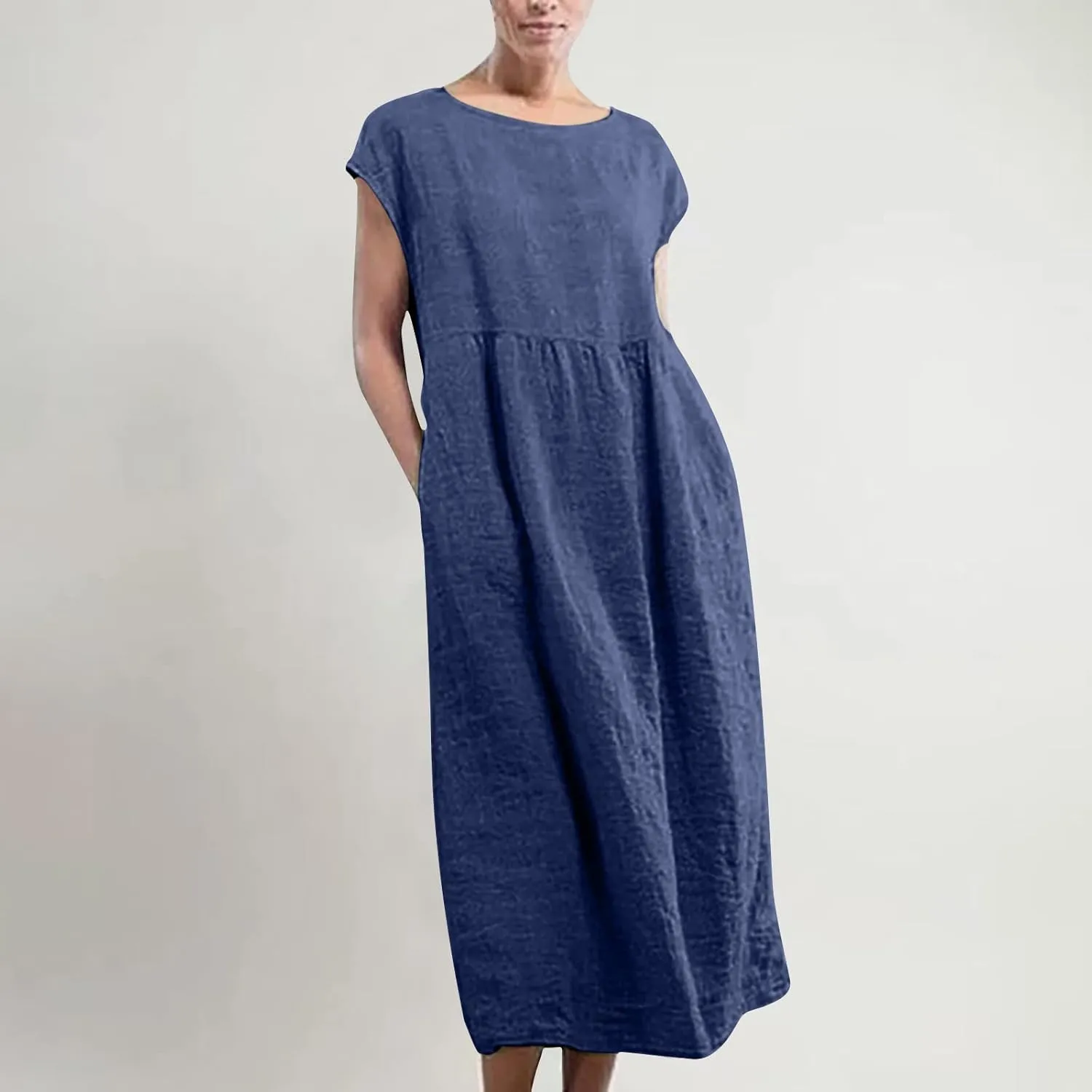 Womens Linen Dresses 2024 Sleeveless Solid Color Crewneck Maxi Dress Slim Fit Tunic Comfy Casual Spring Dresses