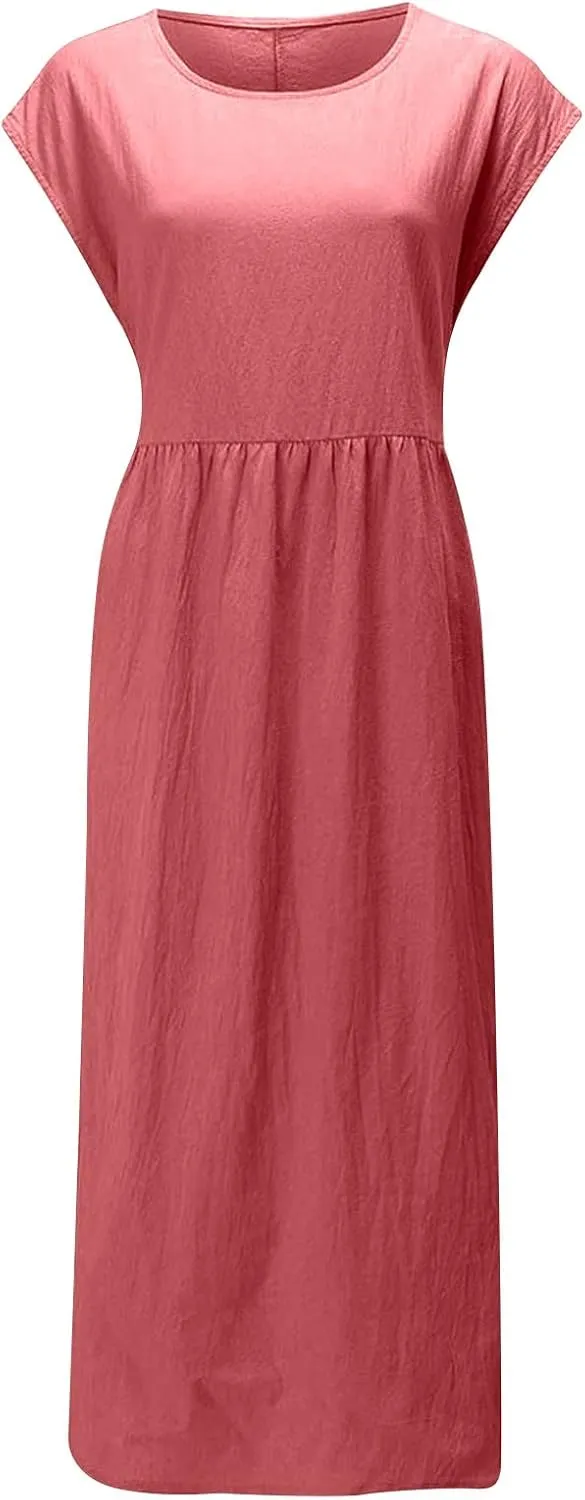 Womens Linen Dresses 2024 Sleeveless Solid Color Crewneck Maxi Dress Slim Fit Tunic Comfy Casual Spring Dresses