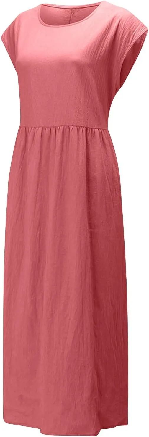Womens Linen Dresses 2024 Sleeveless Solid Color Crewneck Maxi Dress Slim Fit Tunic Comfy Casual Spring Dresses
