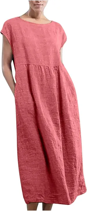 Womens Linen Dresses 2024 Sleeveless Solid Color Crewneck Maxi Dress Slim Fit Tunic Comfy Casual Spring Dresses