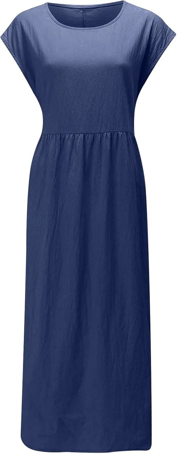 Womens Linen Dresses 2024 Sleeveless Solid Color Crewneck Maxi Dress Slim Fit Tunic Comfy Casual Spring Dresses