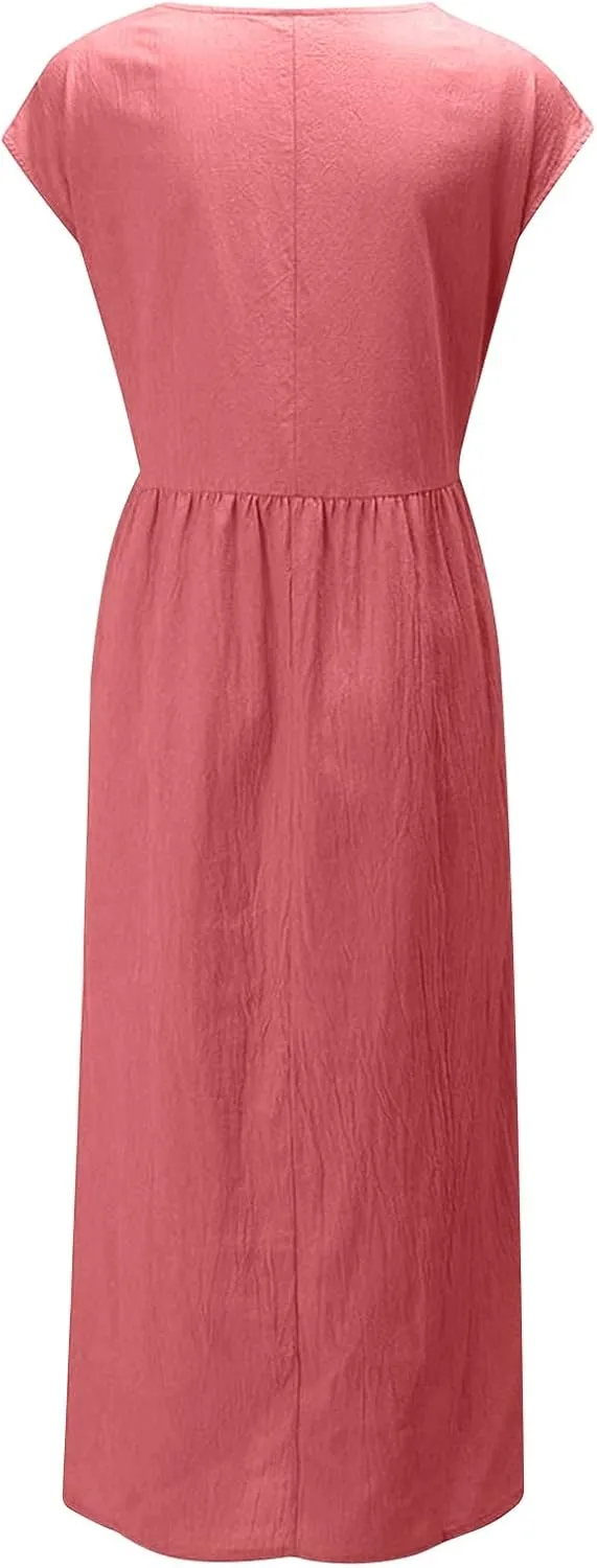 Womens Linen Dresses 2024 Sleeveless Solid Color Crewneck Maxi Dress Slim Fit Tunic Comfy Casual Spring Dresses