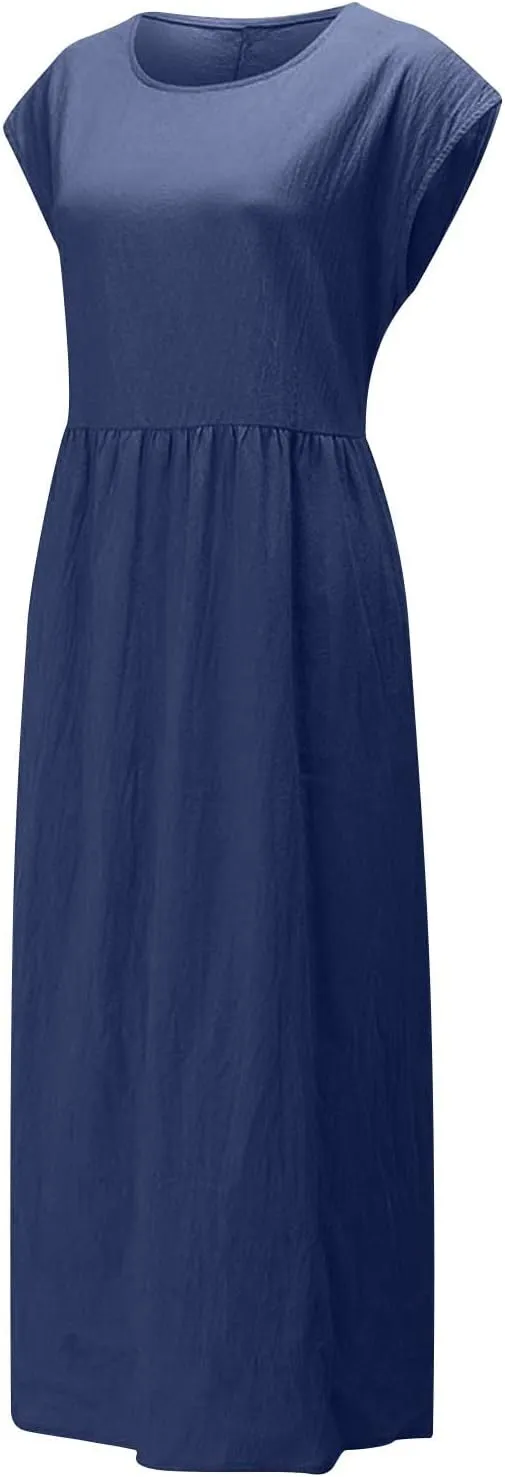 Womens Linen Dresses 2024 Sleeveless Solid Color Crewneck Maxi Dress Slim Fit Tunic Comfy Casual Spring Dresses