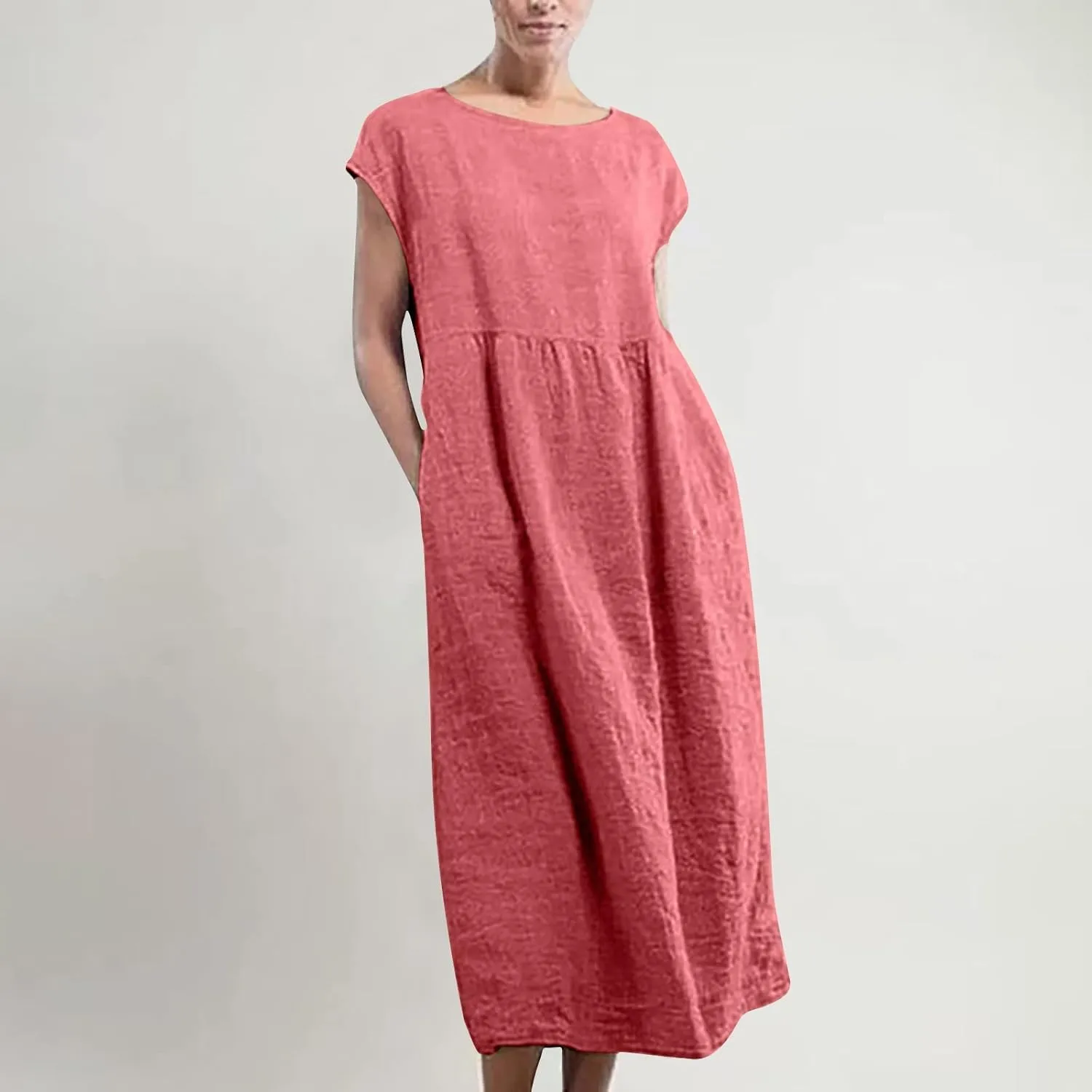 Womens Linen Dresses 2024 Sleeveless Solid Color Crewneck Maxi Dress Slim Fit Tunic Comfy Casual Spring Dresses