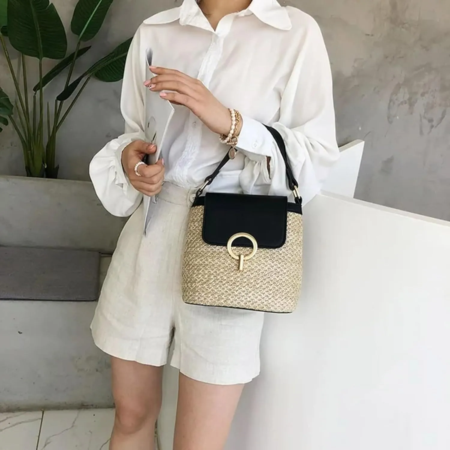 Women's Straw Woven Beach Bag Summer Vacation Shoulder Purse Crossbody Bags for Women,ultra Soft Leather Purses for Women