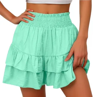 Womens Summer Shorts Ruffle Layered Skirt Elastic High Waisted Shorts Flared Pleated Hem Pants Fashion Outfits
