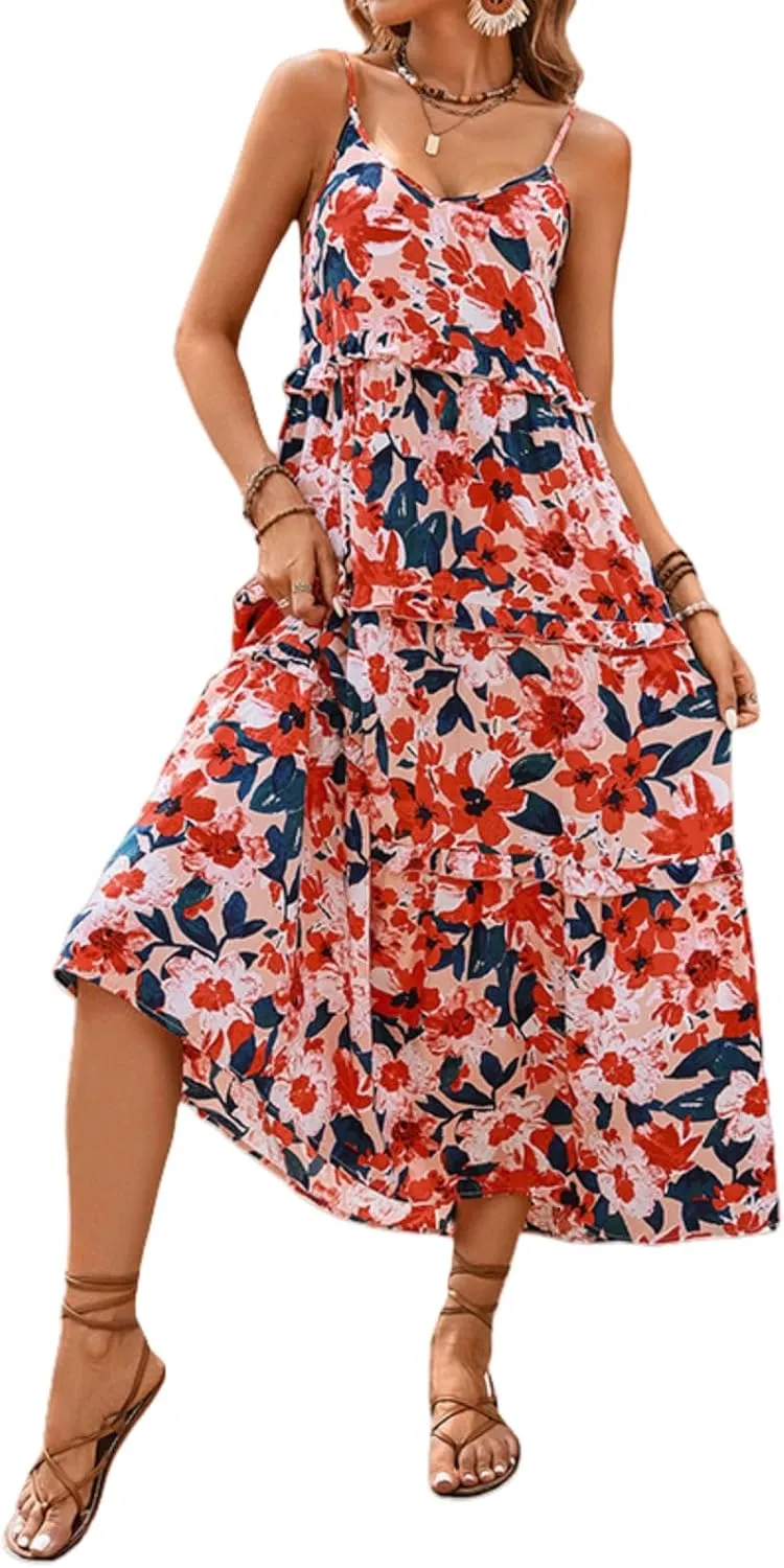 Women's Summer Spaghetti Strap Tiered Floral Dress Boho Sleeveless Ruffled Maxi Dress Backless Flowy Beach Sundress