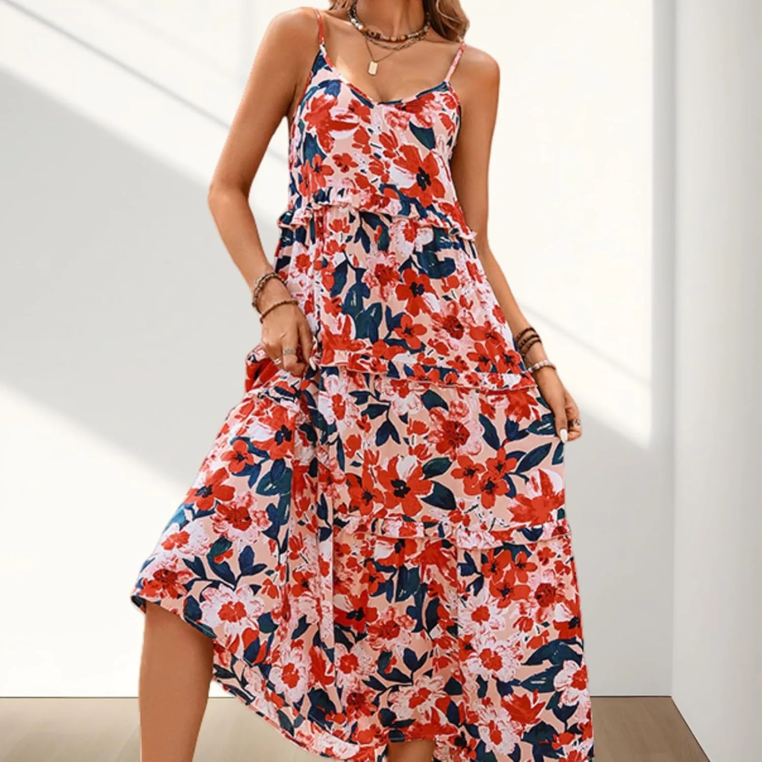 Women's Summer Spaghetti Strap Tiered Floral Dress Boho Sleeveless Ruffled Maxi Dress Backless Flowy Beach Sundress