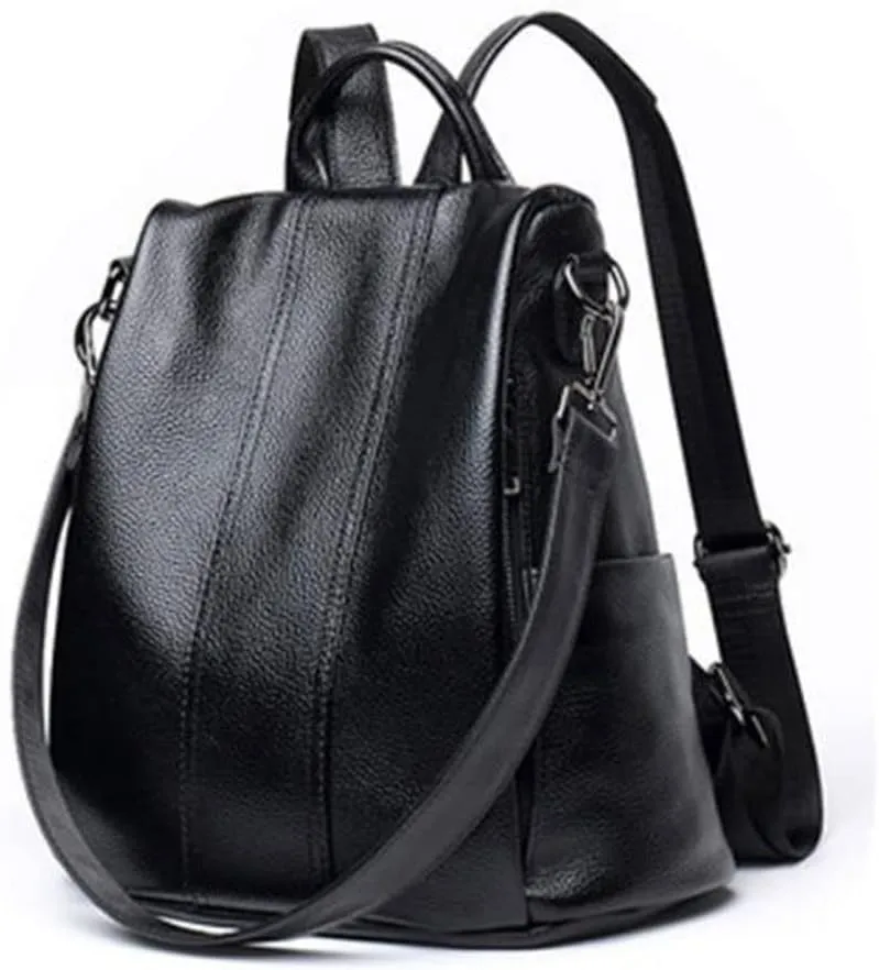 Women's waterproof large capacity simple design multifunctional shoulders leather backpacks (Black)