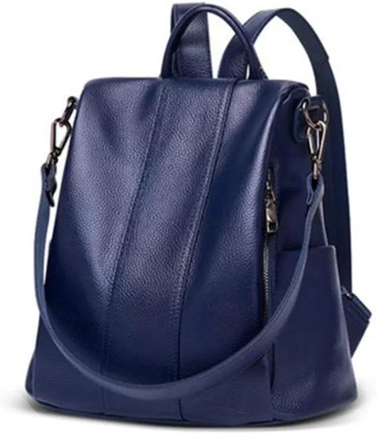 Women's waterproof large capacity simple design multifunctional shoulders leather backpacks (Blue)