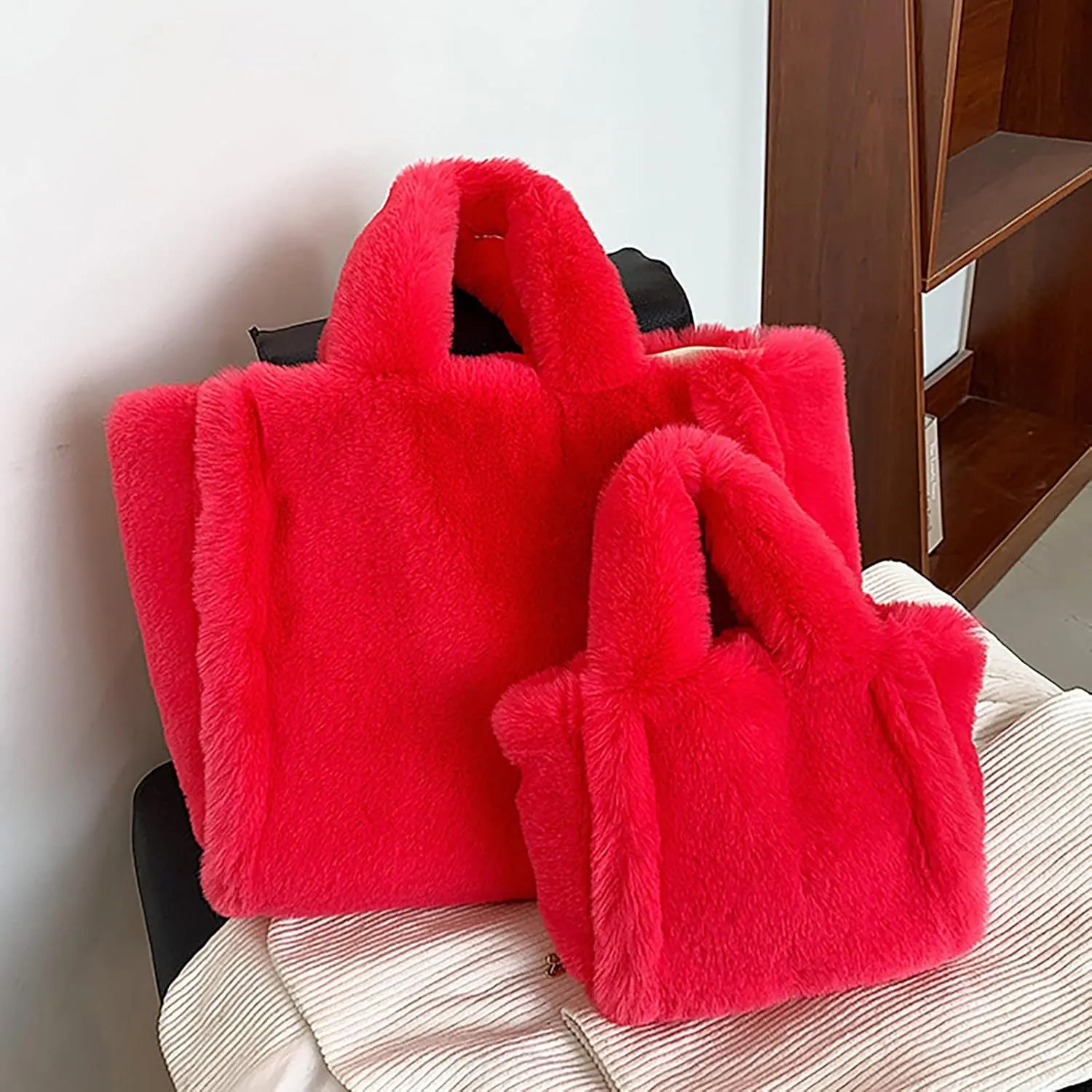 Women's Winter New Largesize Large Capacity Solid Color Simple Plush Handbag over Shoulder Bag (One Size)