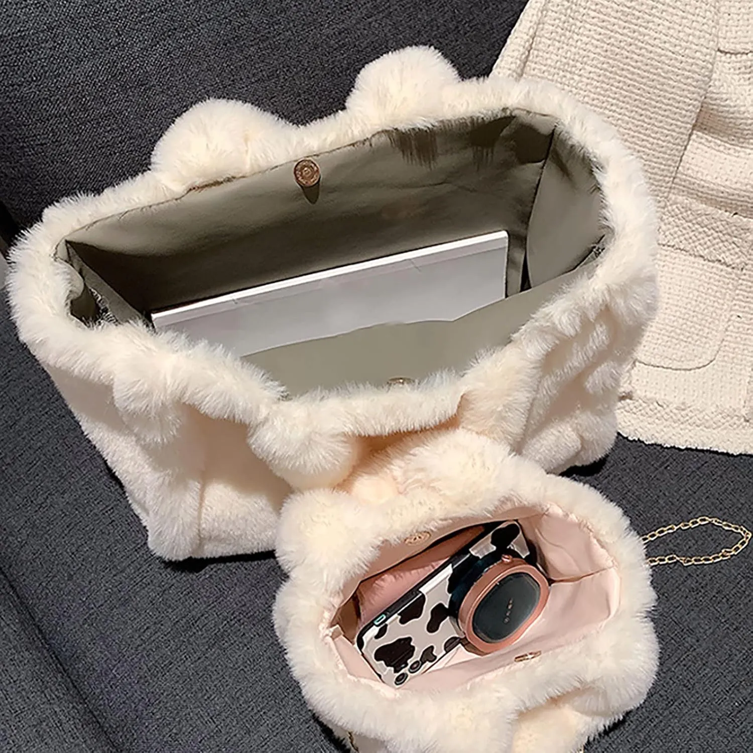 Women's Winter New Largesize Large Capacity Solid Color Simple Plush Handbag over Shoulder Bag (One Size)